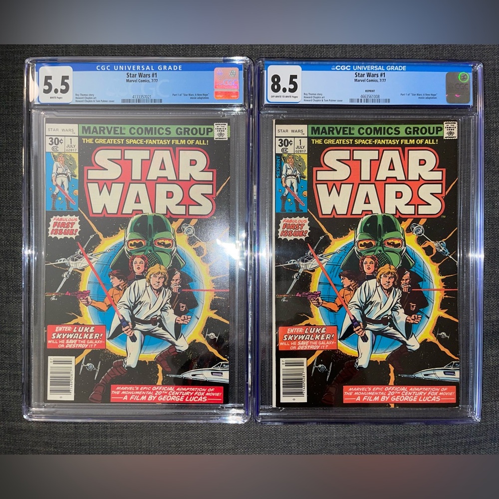 SOLD!! STAR WARS #1 NEWSSTAND CGC 5.5 WP & REPRINT 8.5 1st LUKE, LEIA, VADER